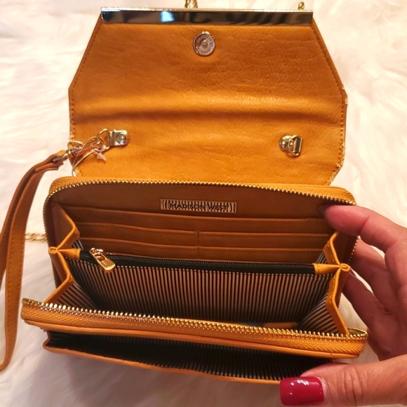 Madison West Crossbody Clutch Wristlet Handbag. Faux Leather Gold Chain Mustard - Picture 3 of 6
